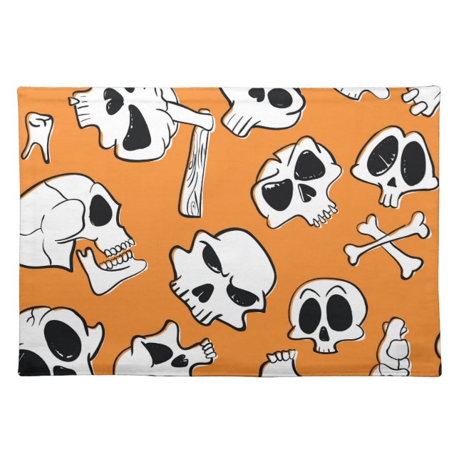 Halloween Skulls Bones Doodle Pattern Cloth Placemat (Front)