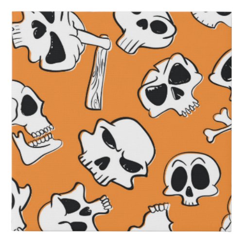 Halloween Skulls Bones Doodle Pattern Faux Canvas Print