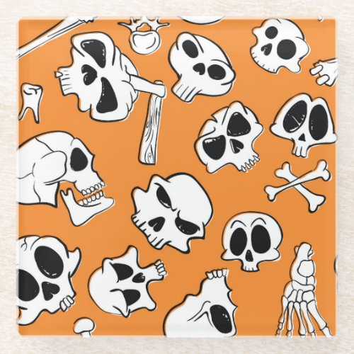 Halloween Skulls Bones Doodle Pattern Glass Coaster