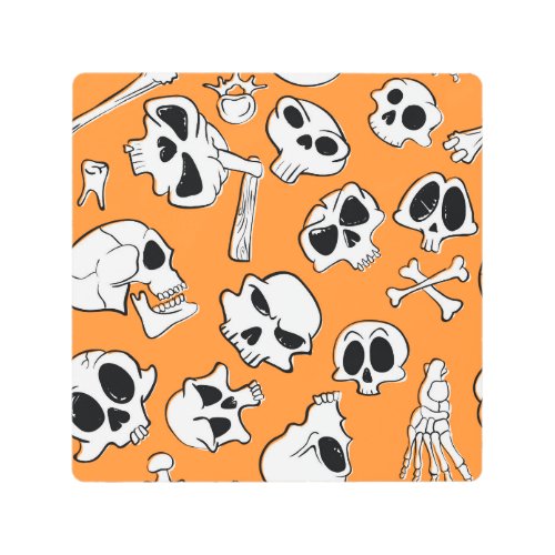Halloween Skulls Bones Doodle Pattern Metal Print