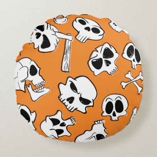 Halloween Skulls Bones Doodle Pattern Round Pillow