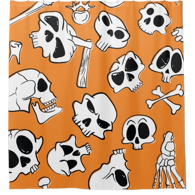 Halloween Skulls Bones Doodle Pattern Shower Curtain (Front)