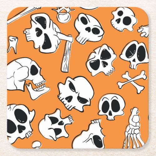 Halloween Skulls Bones Doodle Pattern Square Paper Coaster