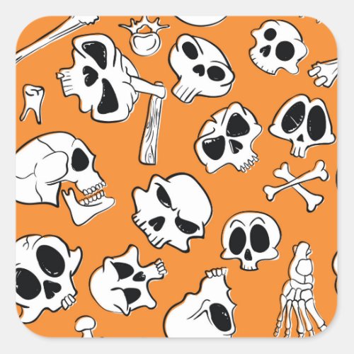 Halloween Skulls Bones Doodle Pattern Square Sticker