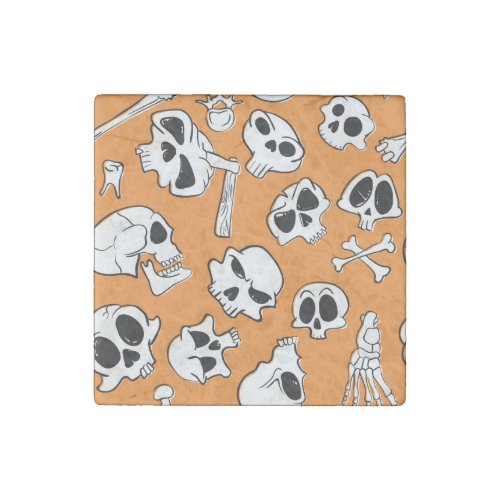Halloween Skulls Bones Doodle Pattern Stone Magnet