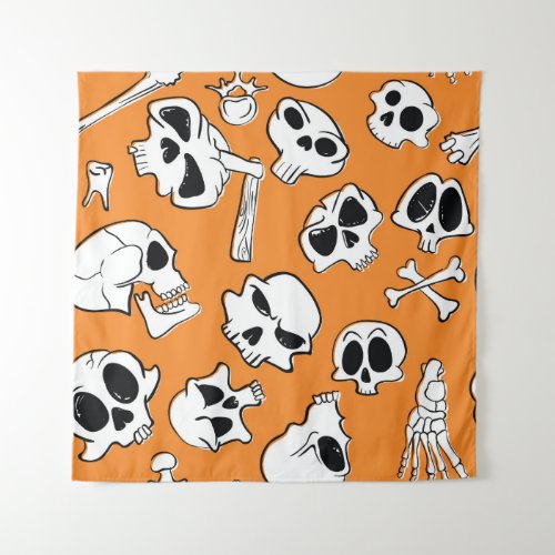 Halloween Skulls Bones Doodle Pattern Tapestry