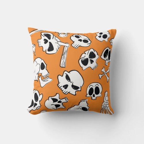 Halloween Skulls Bones Doodle Pattern Throw Pillow