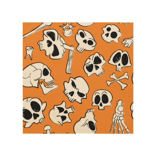 Halloween Skulls Bones Doodle Pattern Wood Wall Art