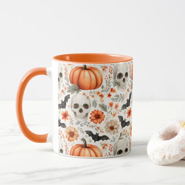 Halloween Skulls flowers and pumpkins Mug (With Donut)