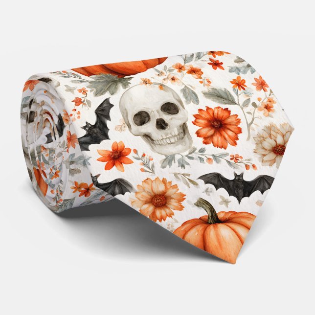 Halloween Skulls flowers and pumpkins Neck Tie (Rolled)