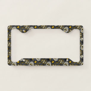 Halloween skulls pattern, White yellow and black License Plate Frame