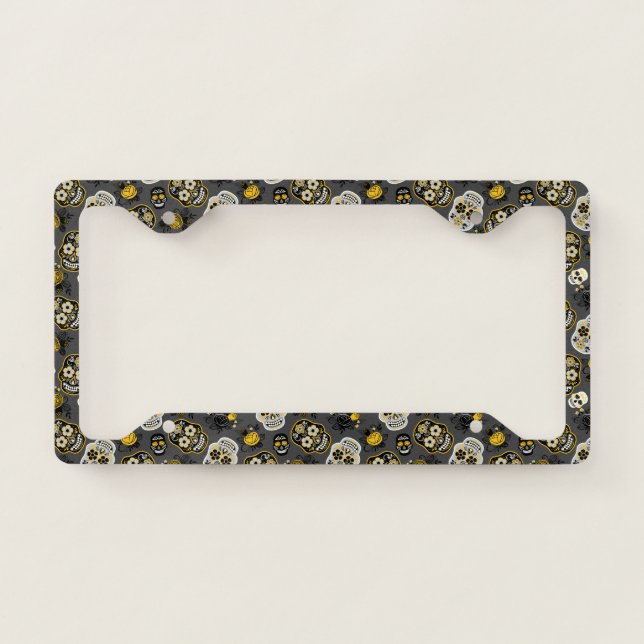 Halloween skulls pattern, White yellow and black License Plate Frame (Front)