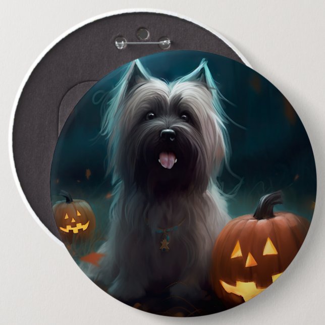 Halloween Skye Terrier With Pumpkins Scary  Button (Front & Back)