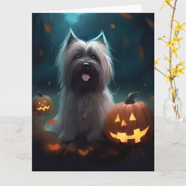 Halloween Skye Terrier With Pumpkins Scary  Card (Yellow Flower)