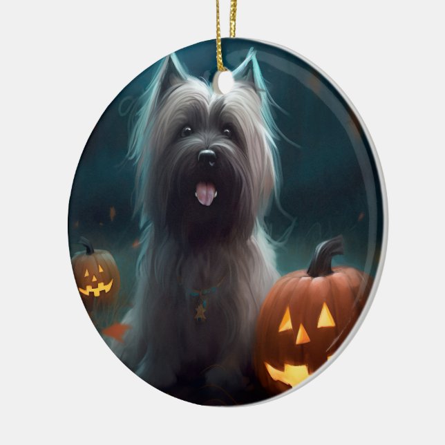 Halloween Skye Terrier With Pumpkins Scary  Ceramic Ornament (Left)