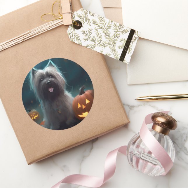 Halloween Skye Terrier With Pumpkins Scary  Classic Round Sticker (Gifting)