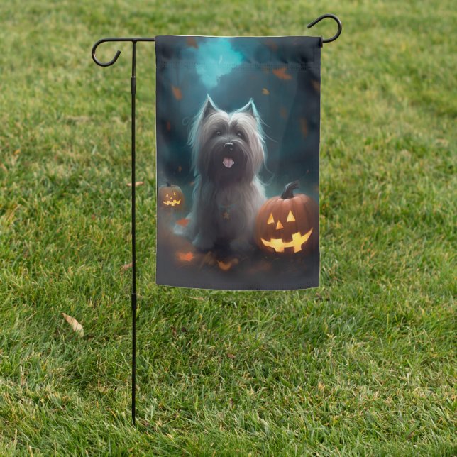 Halloween Skye Terrier With Pumpkins Scary  Garden Flag (In SItu)