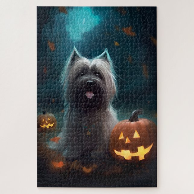 Halloween Skye Terrier With Pumpkins Scary  Jigsaw Puzzle (Vertical)