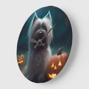 Halloween Skye Terrier With Pumpkins Scary Large Clock