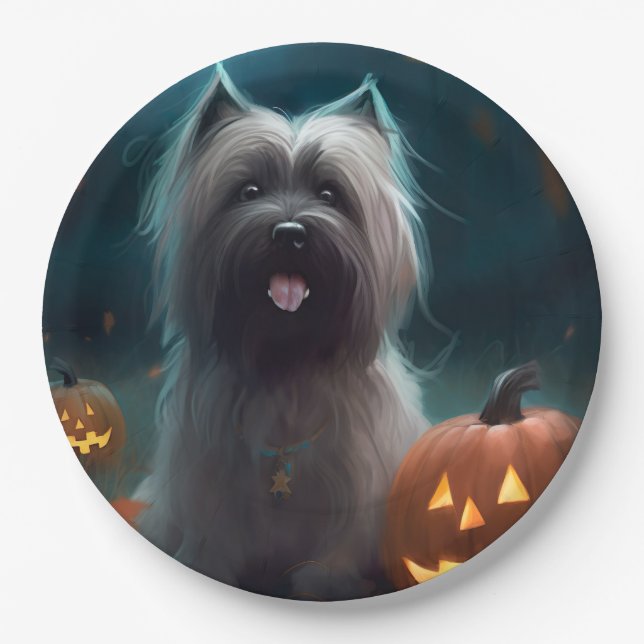 Halloween Skye Terrier With Pumpkins Scary  Paper Plates (Front)