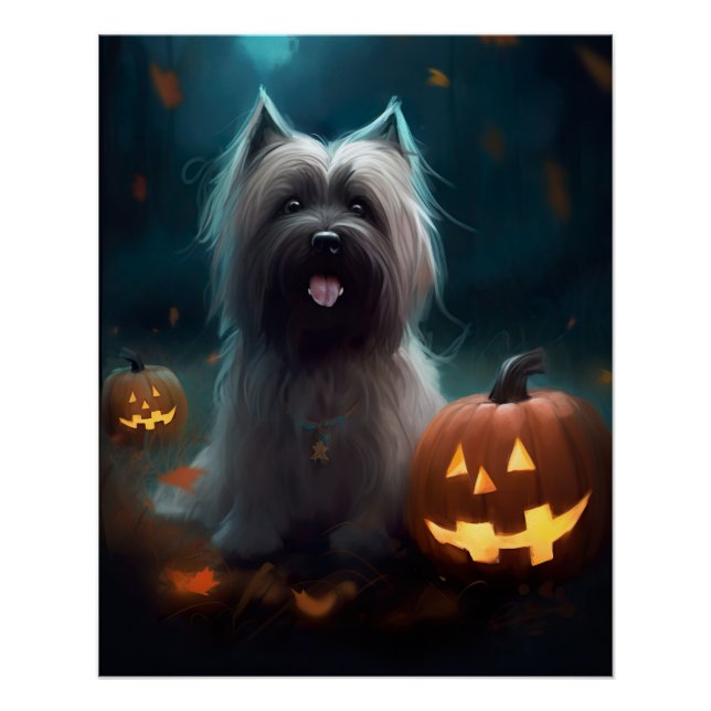 Halloween Skye Terrier With Pumpkins Scary  Poster (Front)