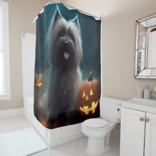 Halloween Skye Terrier With Pumpkins Scary Shower Curtain