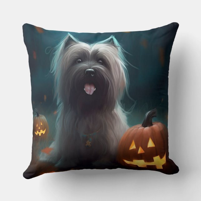 Halloween Skye Terrier With Pumpkins Scary  Throw Pillow (Back)