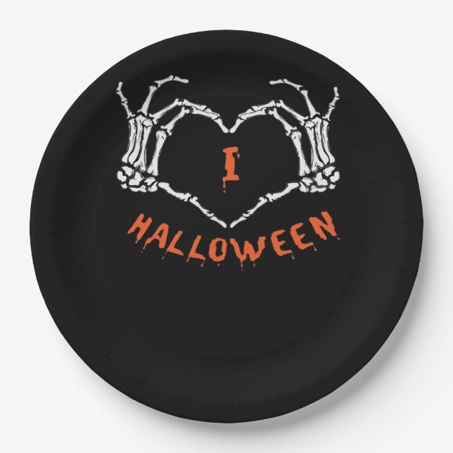 Halloween Slogan Skeleton Hand Heart Gesture  Paper Plates (Front)