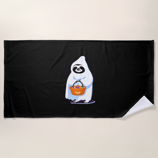 Halloween sloth dressed as ghost going trick or tr beach towel (Front)
