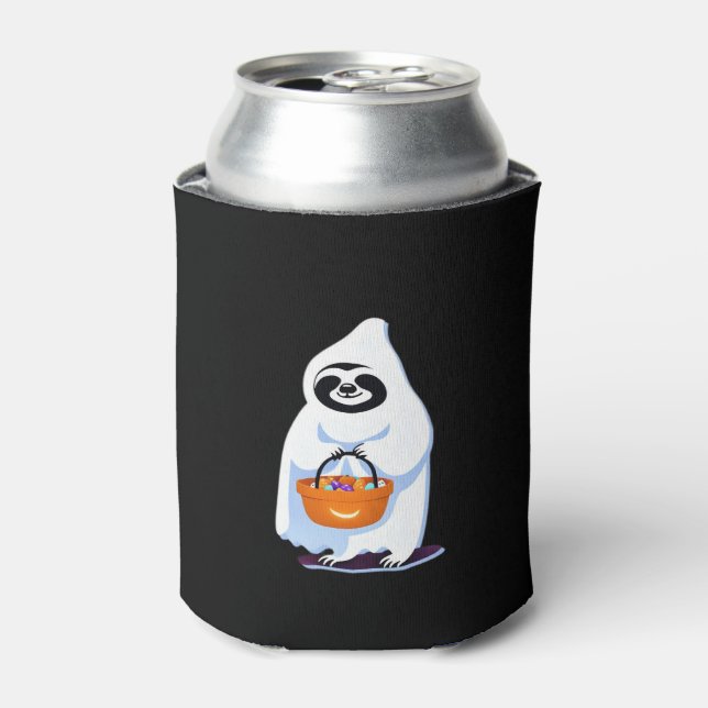 Halloween sloth dressed as ghost going trick or tr can cooler (Can Front)