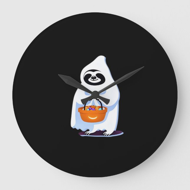 Halloween sloth dressed as ghost going trick or tr large clock (Front)
