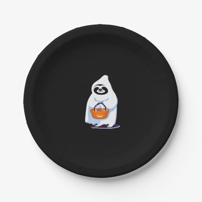 Halloween sloth dressed as ghost going trick or tr paper plates (Front)