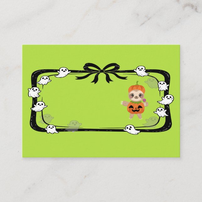 Halloween Sloth In Pumpkin Costume Green Place Card (Front)