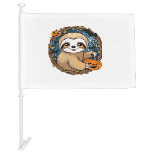 Halloween sloth, pumpkin, bat, spider, spider web car flag