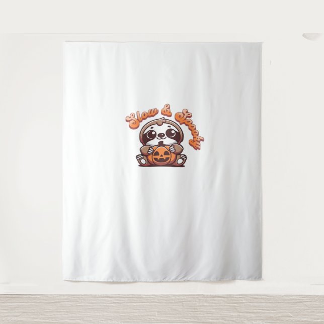 Halloween Sloth Slow and Spooky Cute Sloth Pumpkin Tapestry (Front)