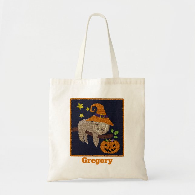Halloween Sloth Trick or Treat Pumpkin Pail Tote Bag (Front)