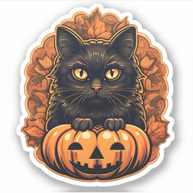 Halloween Small Black Cat & Orange Jack O Lantern Sticker (Front)