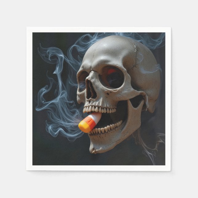 Halloween Smoking Skull Biting Candy Corn Napkins (Front)