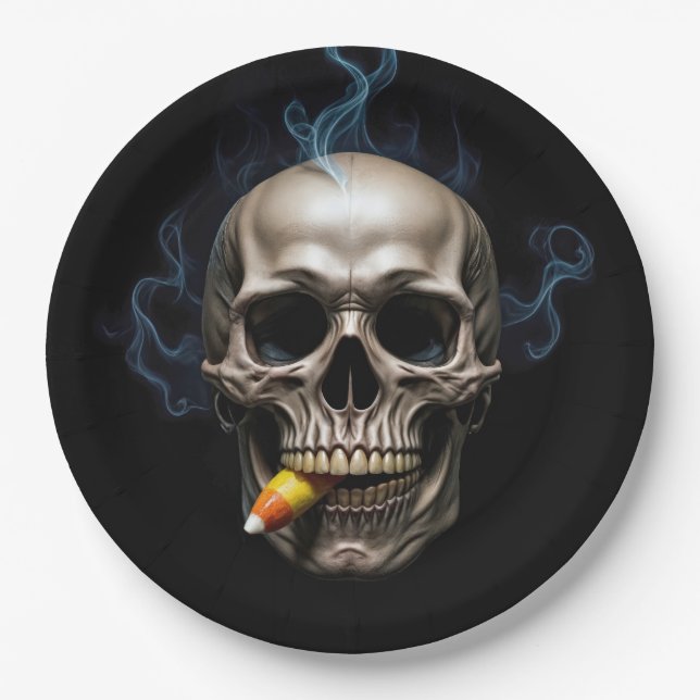 Halloween Smoking Skull Biting Candy Corn Paper Plates (Front)
