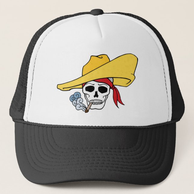 Halloween Smoking Skull with Bandana Cartoon Trucker Hat (Front)