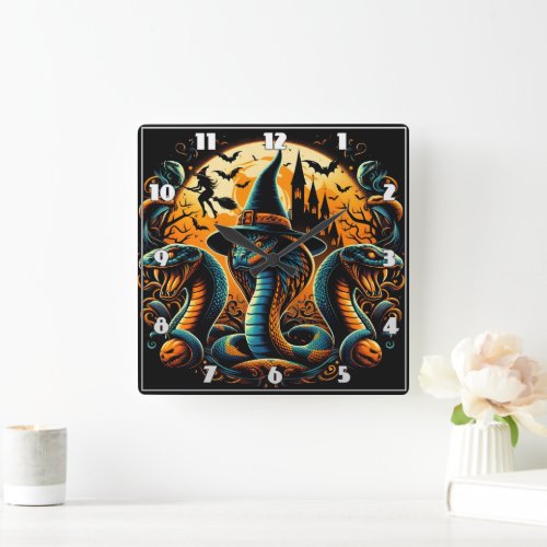 Halloween snakes coiled under a spooky moonlight square wall clock