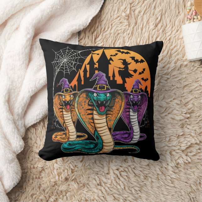 Halloween snakes in vibrant costumes at night throw pillow (Blanket)