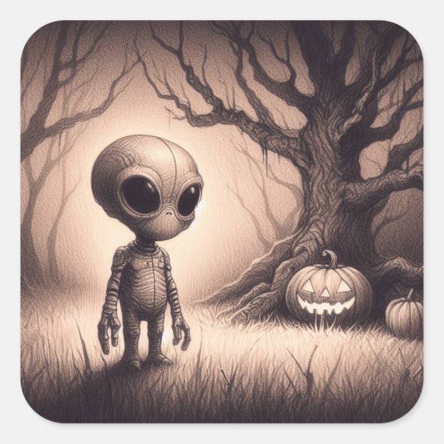 Halloween Space Alien with Pumpkin Square Sticker (Front)