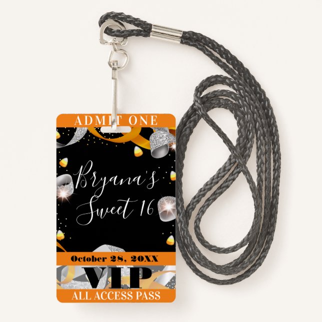 Halloween Sparkle Sweet 16 Party VIP Pass Badge (Front with Lanyard)