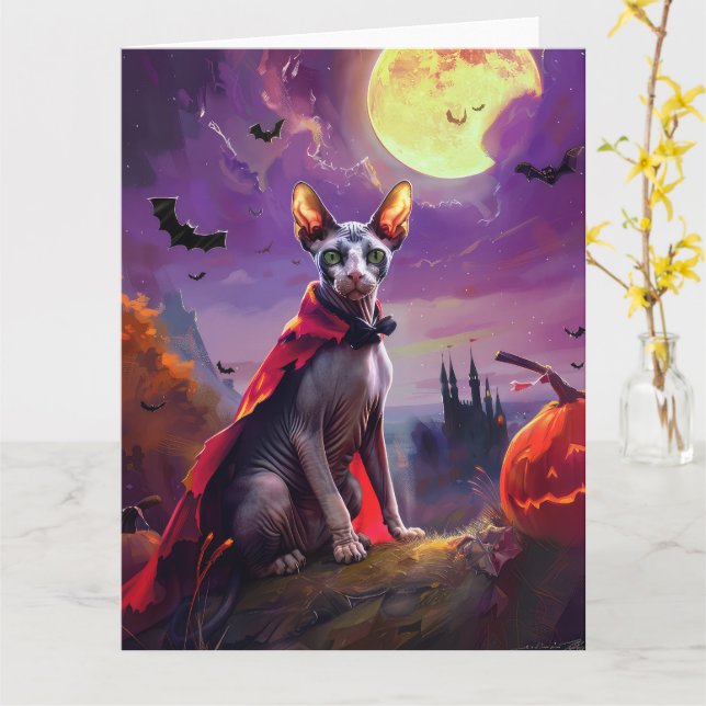 Halloween Sphynx Cat Vampire Pumpkins Scary Card (Yellow Flower)