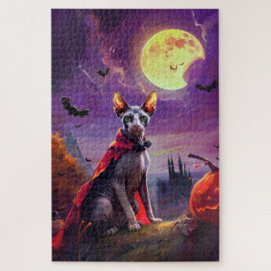 Halloween Sphynx Cat Vampire Pumpkins Scary Jigsaw Puzzle