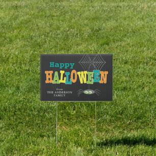 Halloween Spider and Web Colorful Happy Halloween Sign