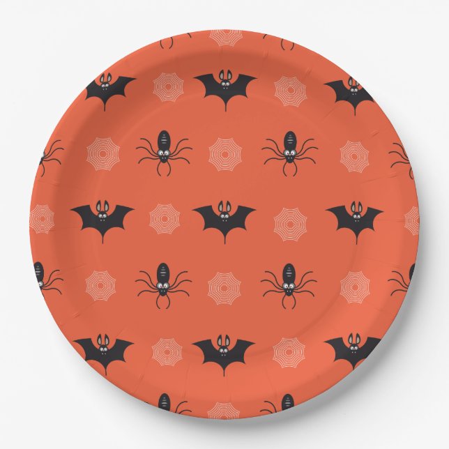 Halloween spider, bat & cobweb pattern Paper Plate (Front)