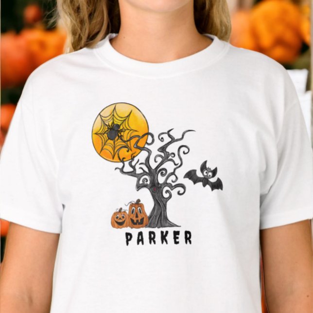 Halloween Spider Bat Spooky Tree Pumpkins Name T-Shirt (Creator Uploaded)