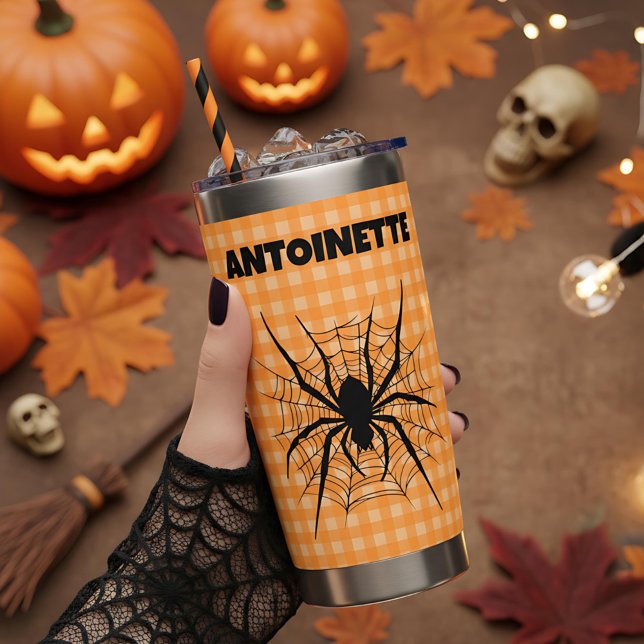 Halloween Spider in Cobweb Orange Gingham Plaid Insulated Tumbler (Creator Uploaded)